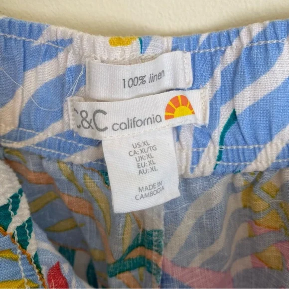 C & C California Colorful Tropical Leaf Wide Leg Linen Pants Womens XL Pockets - Picture 5 of 9